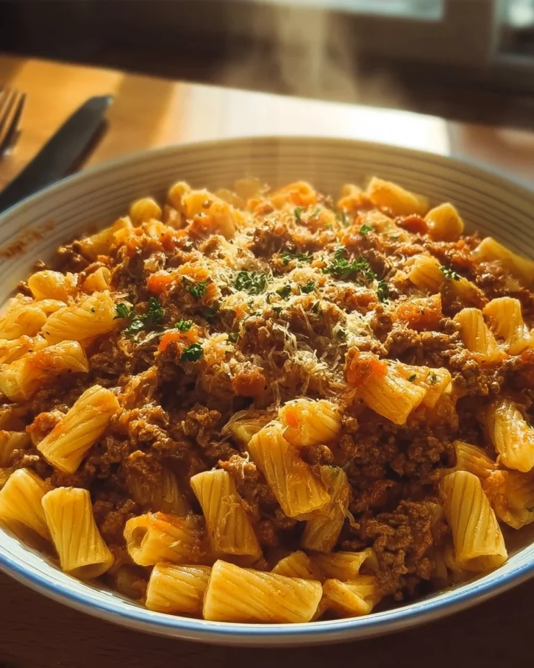 A plate of savory ground beef pasta garnished with fresh herbs