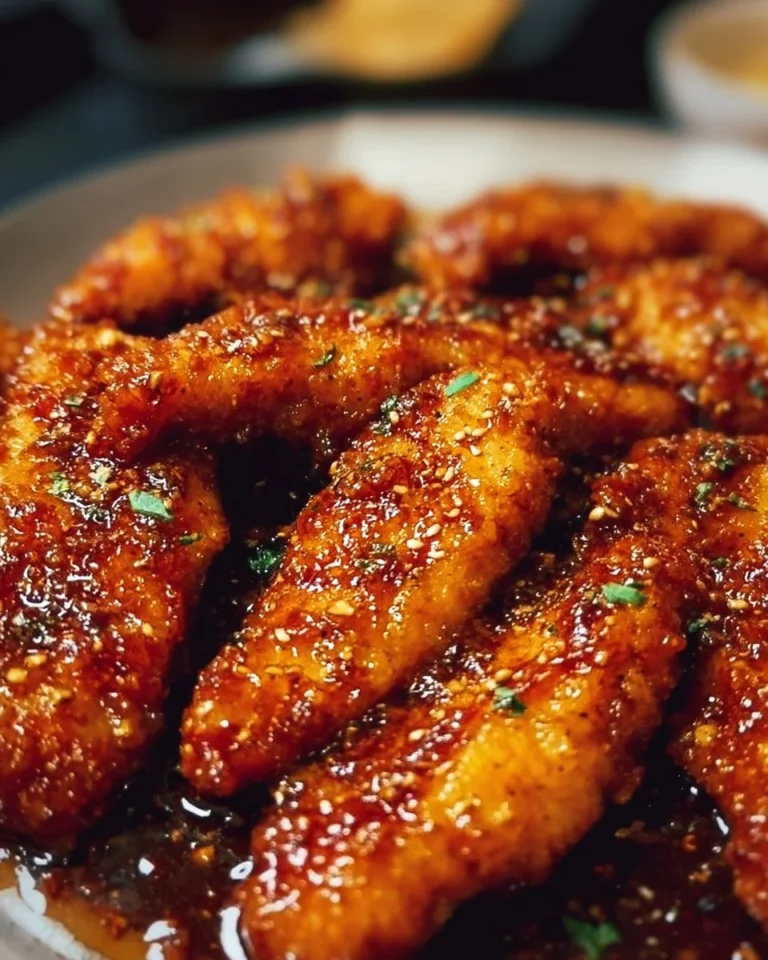 Plate of Honey Garlic Chicken Tenders drizzled with sauce and garnished with herbs.