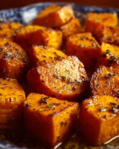 Bowl of honey roasted sweet potatoes garnished with herbs and spices