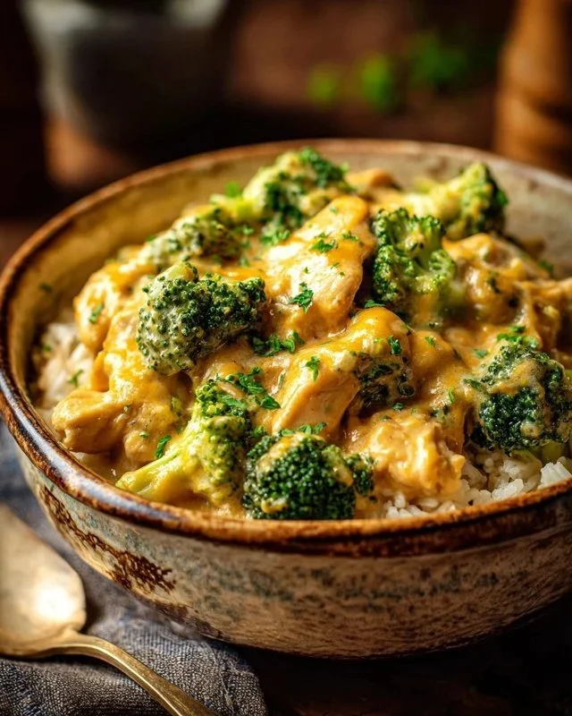 Crockpot Creamy Broccoli Cheddar Chicken served in a bowl