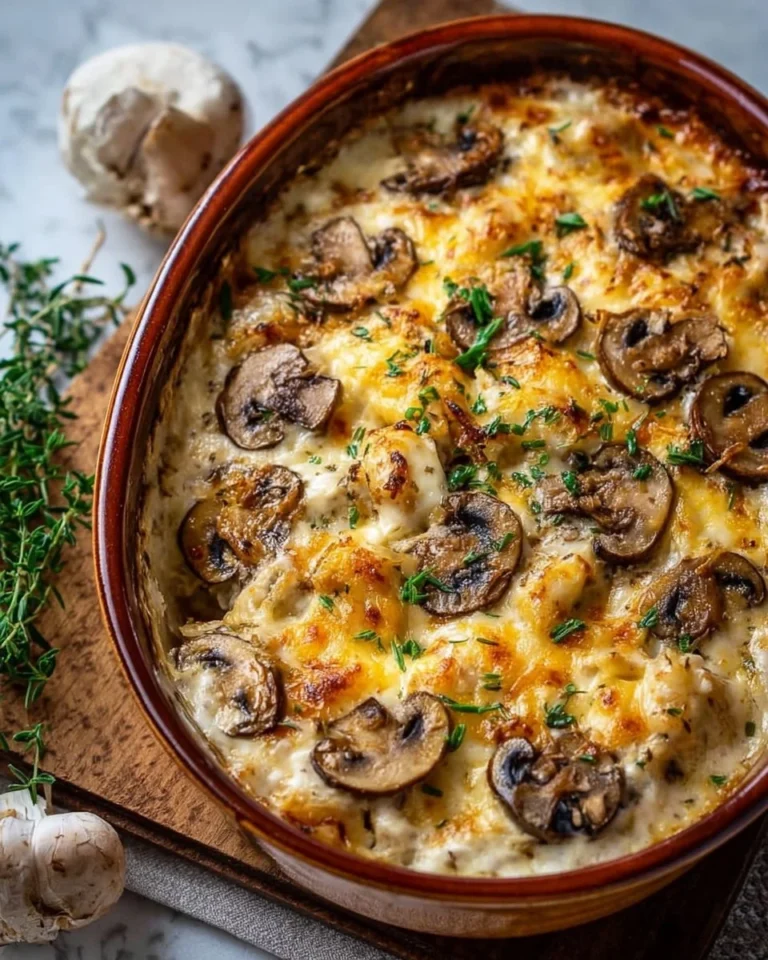 Keto Garlic Mushroom Chicken Casserole served in a baking dish
