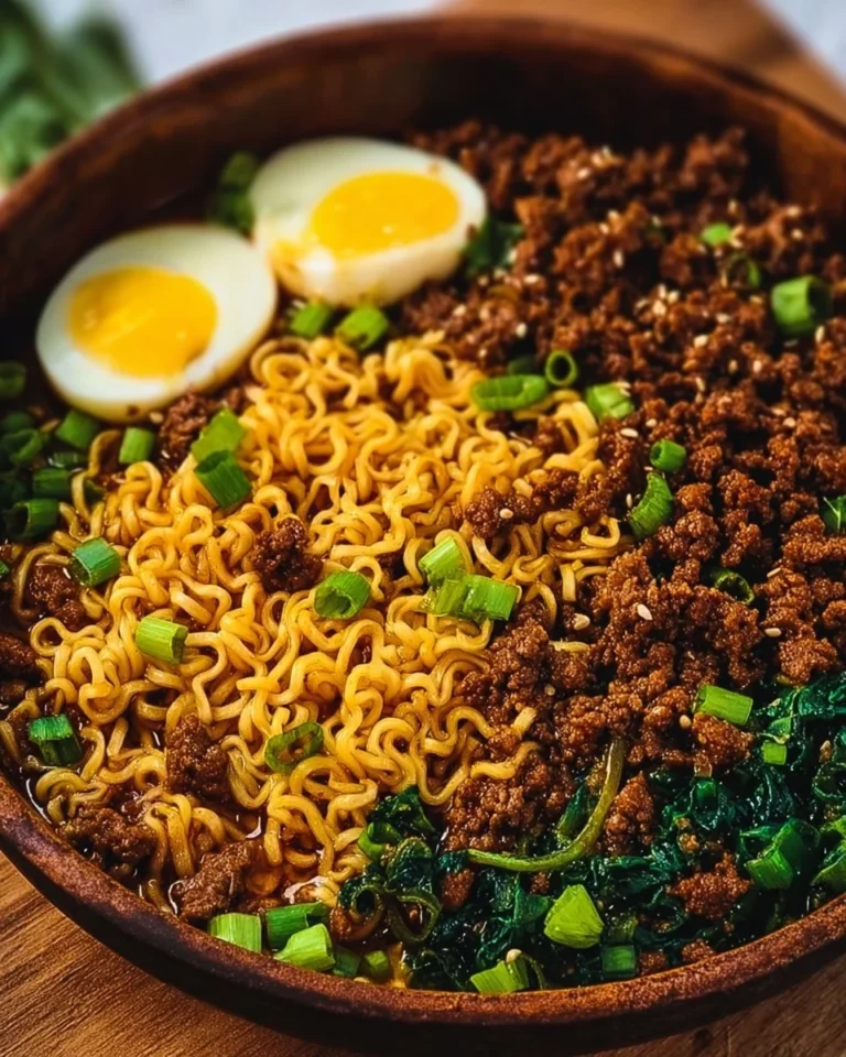 Bowl of Korean-style ground beef ramen topped with green onions and sesame seeds