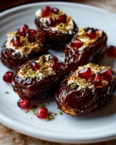 Close-up of mascarpone stuffed dates on a white plate with a drizzle of honey