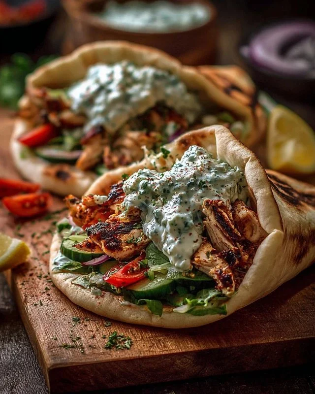 Mediterranean chicken gyros served with creamy feta tzatziki sauce