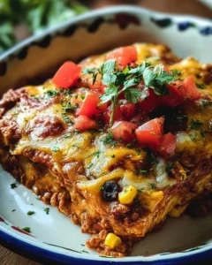 Delicious Mexican Casserole topped with cheese and garnished with cilantro