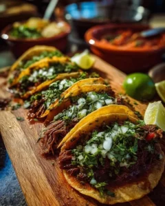 Delicious birria tacos served with fresh toppings and consomé.