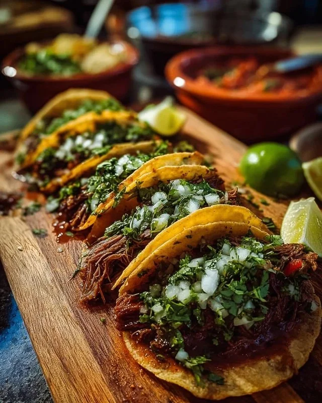 Delicious birria tacos served with fresh toppings and consomé.