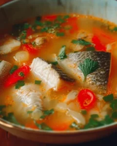Bowl of nourishing fish soup with fresh herbs and vegetables