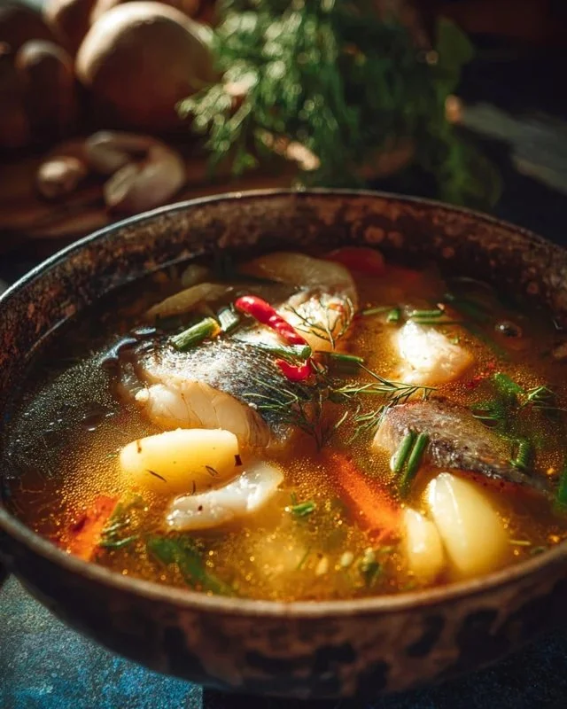 A bowl of nourishing fish soup topped with fresh herbs and vegetables