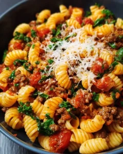 Delicious one pan healthy ground beef pasta dish served in a bowl.