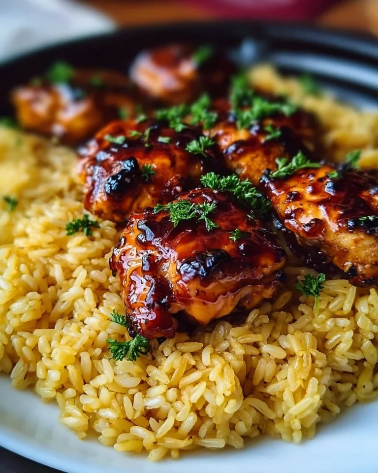 One-Pan Honey BBQ Chicken served with rice, garnished with herbs.