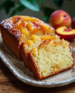 Delicious Peach Cobbler Pound Cake topped with fresh peaches and a golden crust