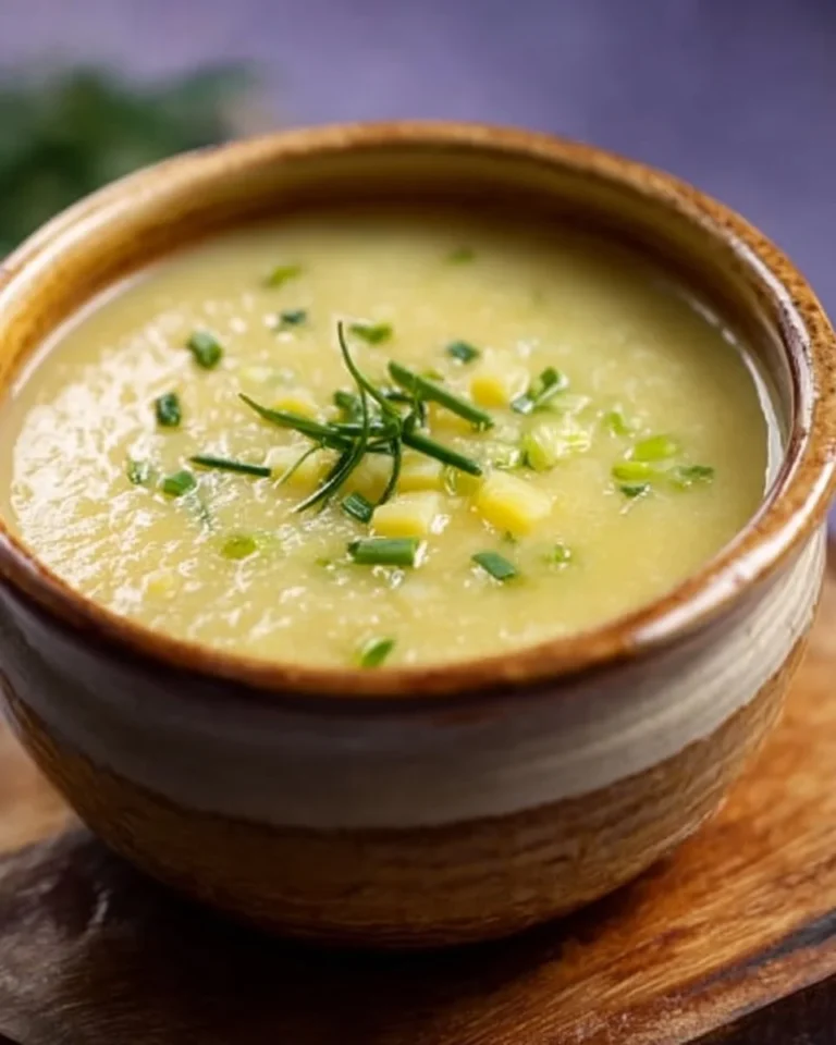 A bowl of creamy Potato Leek Soup garnished with fresh herbs.