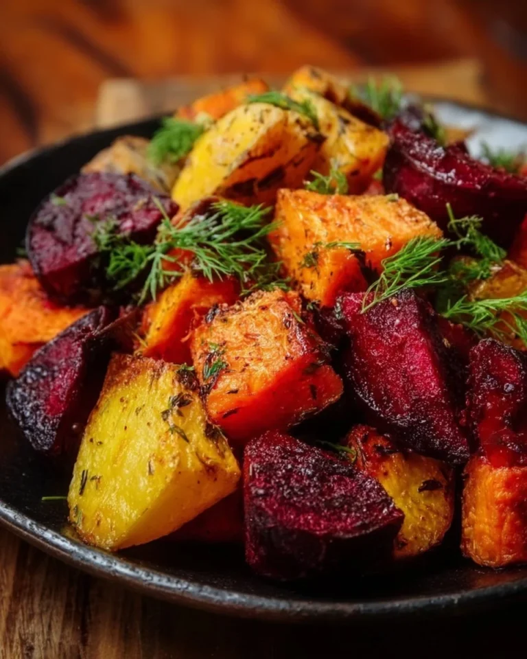 Delicious roasted beets and sweet potatoes on a serving plate