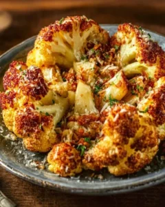A plate of roasted cauliflower topped with crispy parmesan cheese.
