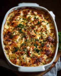 Delicious Rotisserie Chicken Casserole topped with cheese and herbs