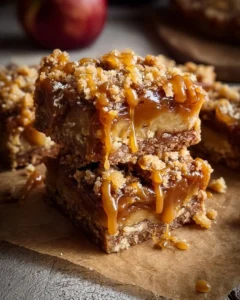 Delicious salted caramel apple bars topped with rich caramel drizzle.