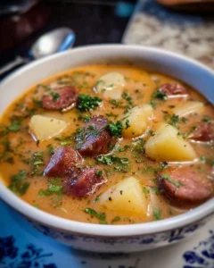Bowl of hearty sausage potato soup filled with veggies and spices