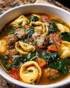 Delicious Sausage Tortellini Soup with Spinach in a bowl