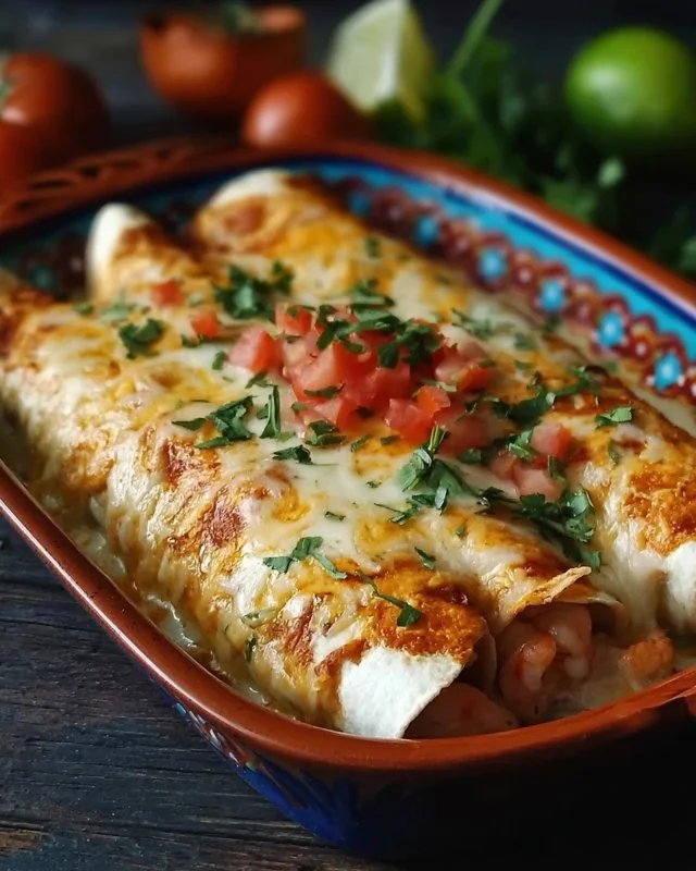 Delicious seafood enchiladas topped with cheese and served with salsa.