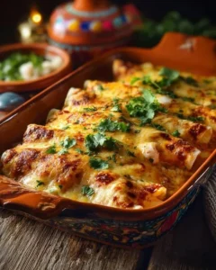 Delicious seafood enchiladas served with zesty sauce and toppings.