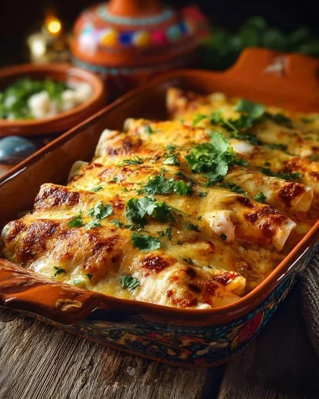 Delicious seafood enchiladas served with zesty sauce and toppings.