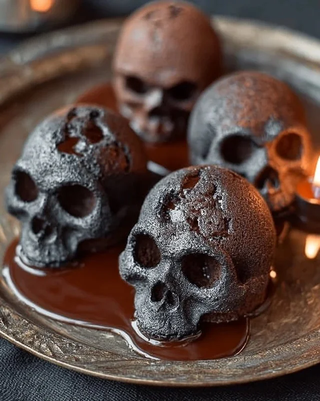 Skull-shaped lava cakes with molten chocolate center