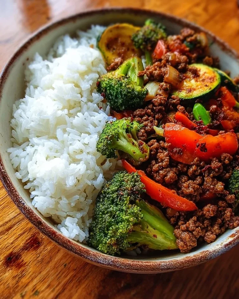 Spicy ground beef stir-fry bowl with garlic veggies and steaming rice
