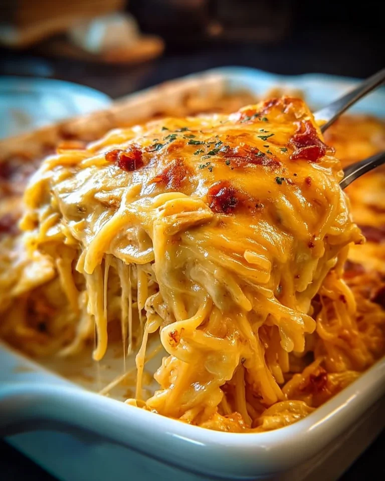 Delicious Spicy Southern Cheesy Chicken Spaghetti Casserole topped with cheese
