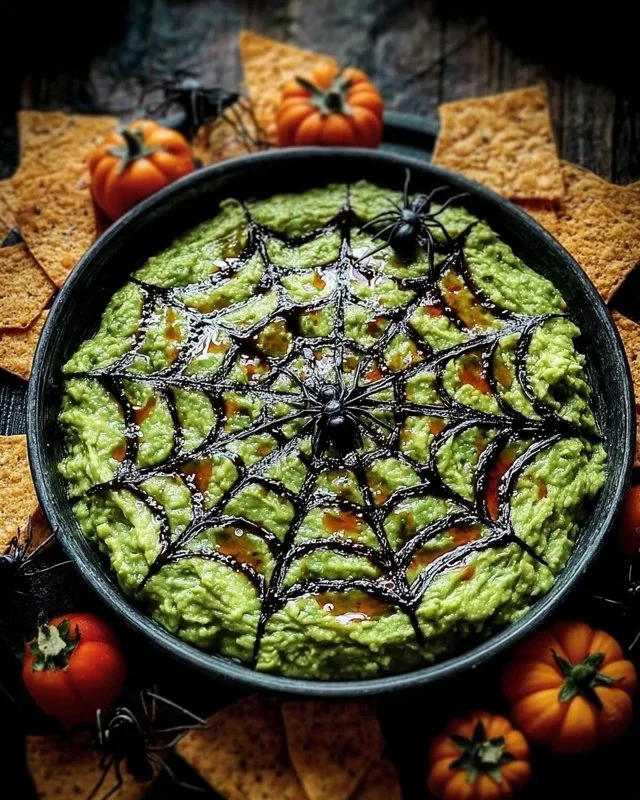 Spider Web Guacamole in a spooky Halloween setting