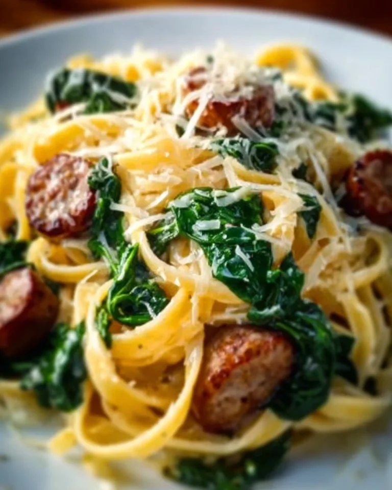 Delicious Spinach Sausage Alfredo Pasta with creamy sauce and fresh spinach