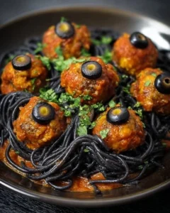 Spooky Diablo Eyeballs made with taco meatballs and black bean pasta for Halloween.