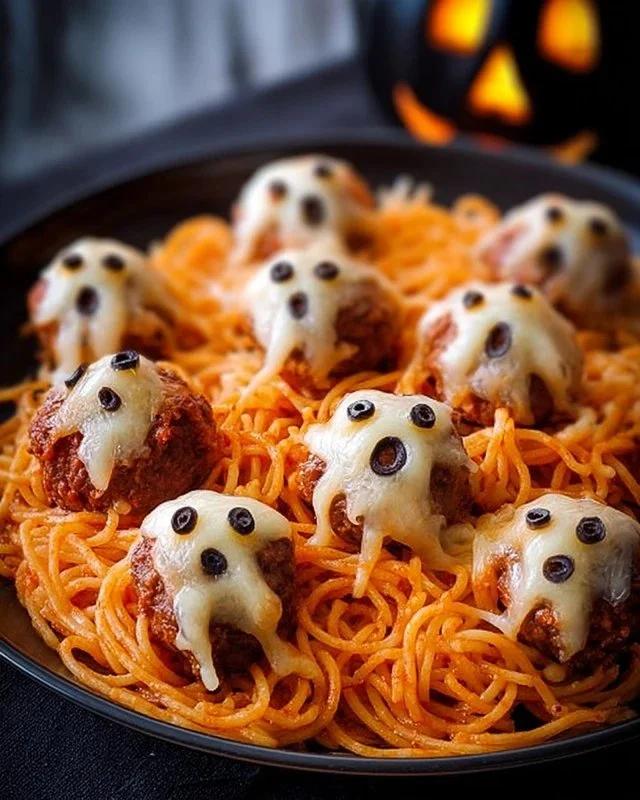Plate of spooky spaghetti with cheesy monster meatballs for Halloween dinner