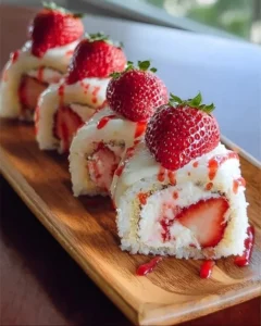 Strawberry Shortcake Sushi Rolls - a creative dessert roll with strawberries and cream.