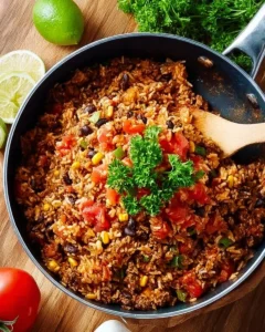 Delicious Mexican Beef and Rice Skillet served in a colorful bowl