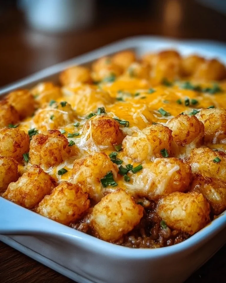 Delicious Tater Tot Casserole topped with crispy golden tater tots and melted cheese.