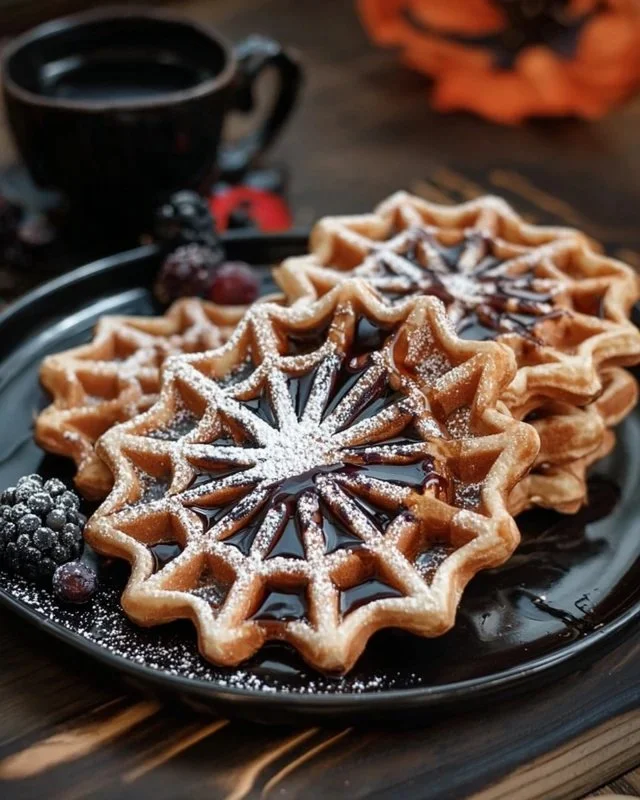 Delicious Halloween spider web waffles served on a spooky-themed plate