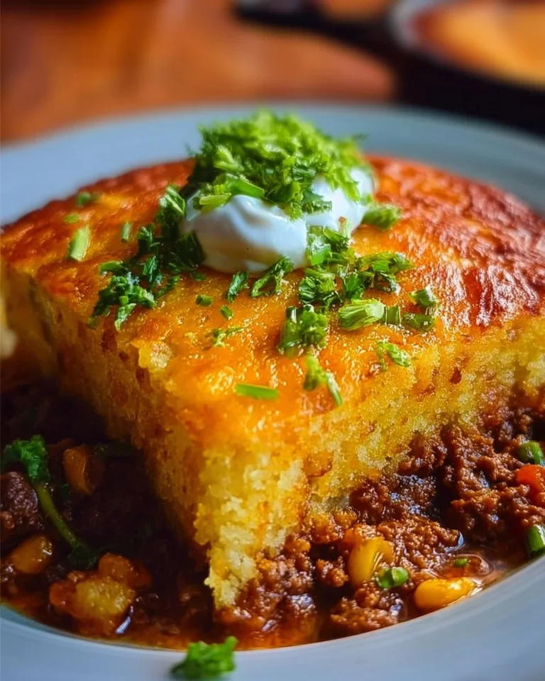 Delicious Texas Tamale Pie Casserole served in a dish, topped with cheese and herbs.