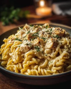 Delicious crockpot garlic parmesan chicken pasta served in a bowl
