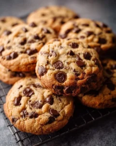 Freshly baked Toll House chocolate chip cookies on a cooling rack