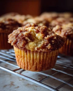 Freshly baked apple cinnamon muffins with streusel topping on a cooling rack.