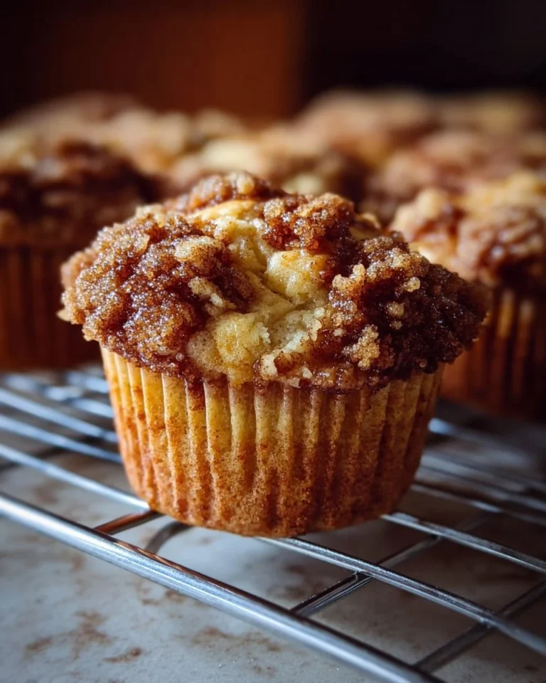 Freshly baked apple cinnamon muffins with streusel topping on a cooling rack.