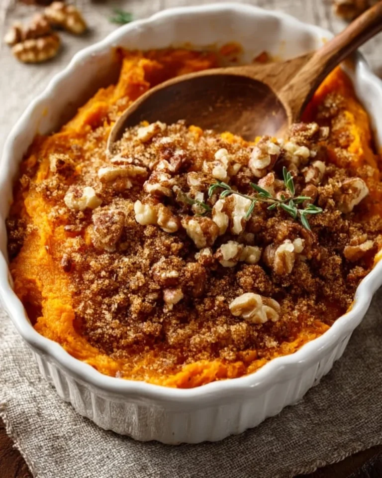 Delicious vegan sweet potato casserole served in a baking dish with toppings.