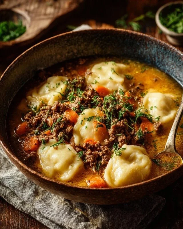 Delicious ground beef and dumplings served in a warm bowl, perfect for comfort food.