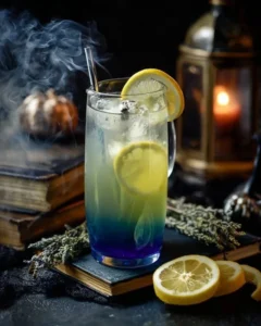 A spooky Witches Brew Lemonade in a potion bottle with a spooky garnish.