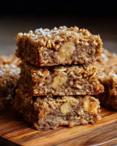 Homemade banana oatmeal bars stacked on a plate, healthy snack option