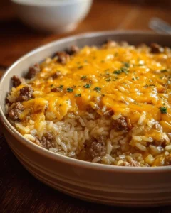 Cheesy hamburger rice casserole dish garnished with parsley