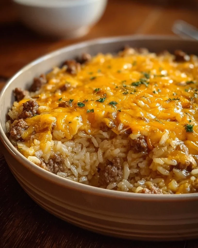 Cheesy hamburger rice casserole dish garnished with parsley