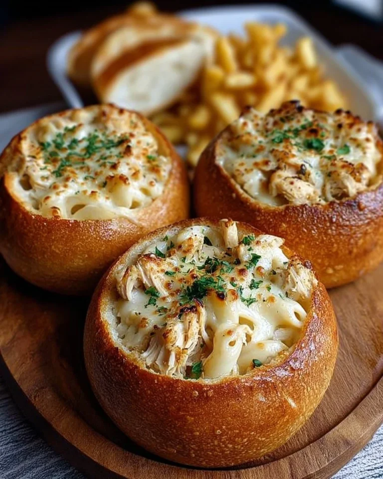 Chicken Alfredo served in garlic bread bowls for a flavorful dinner