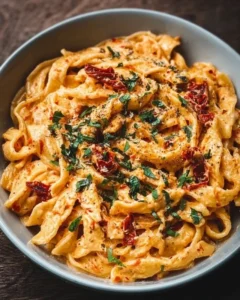Creamy vegan sun-dried tomato pasta served in a bowl